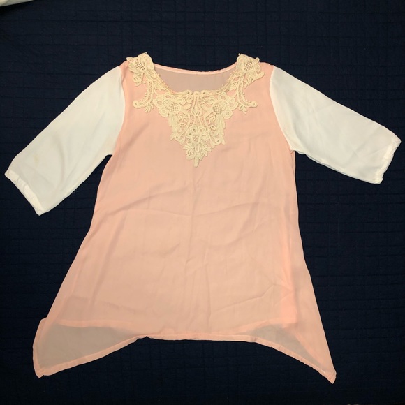Tops - Ladies Blouse Crochet Accent Peach and Creme